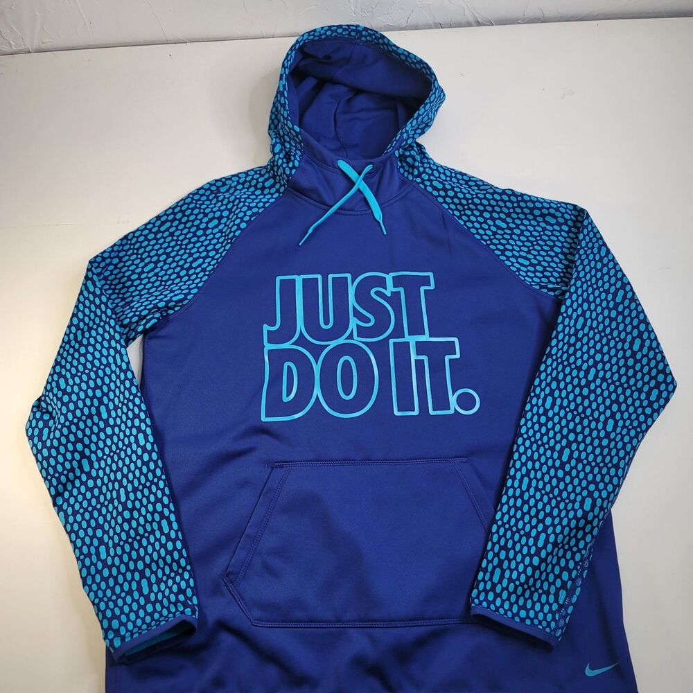 Nike Therma-Fit "Just Do It" Hoodie Sweatshirt Blue Polka Dot Women’s Size Large